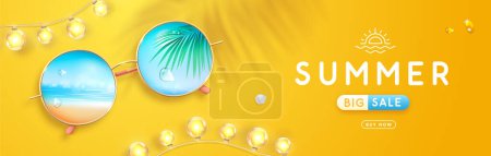 Realistic round shaped summer sunglasses with tropic ocean landscape background in lenses. Summer big sale banner. Vector illustration.