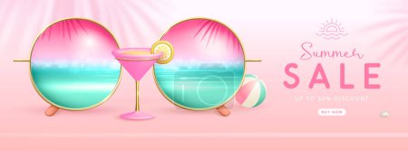 Illustration for Realistic round shaped summer sunglasses with tropic ocean landscape background in lenses and cocktail. Summer big sale banner. Vector illustration. - Royalty Free Image