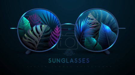 Illustration for Realistic round shaped summer sunglasses with fluorescent tropic leaves in lenses.  Summer background. Nature concept.  Vector illustration. - Royalty Free Image