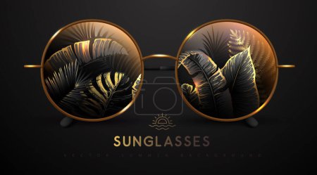 Realistic round shaped summer sunglasses with fluorescent tropic leaves in lenses.  Summer background. Nature concept.  Vector illustration.