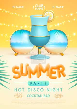 Illustration for Summer disco party poster with round shaped sunglasses, tropic ocean landscape background and cocktail. Vector illustration. - Royalty Free Image