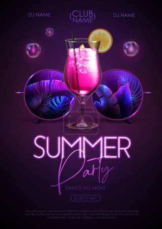 Téléchargez les illustrations : Affiche de fête disco d'été avec lunettes de soleil rondes, feuilles tropiques fluorescentes et cocktail. Illustration vectorielle. - en licence libre de droit