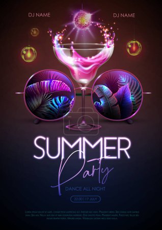 Ilustración de Cartel de fiesta disco de verano con gafas de sol redondas, hojas tropicales fluorescentes y cóctel. Ilustración vectorial. - Imagen libre de derechos