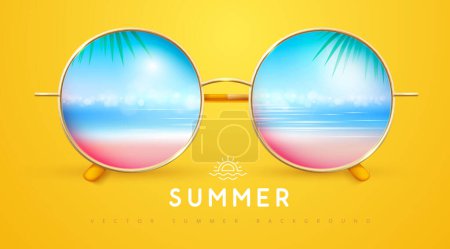 Illustration for Realistic round shaped summer sunglasses with tropic ocean landscape background in lenses.  Summer background. Vector illustration. - Royalty Free Image