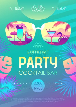 Téléchargez les illustrations : Affiche colorée de soirée cocktail disco d'été avec feuilles tropiques et flamant rose. Fond de plage d'été. Illustration vectorielle - en licence libre de droit