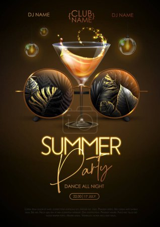 Téléchargez les illustrations : Affiche de fête disco d'été avec lunettes de soleil rondes, feuilles tropiques fluorescentes et cocktail. Illustration vectorielle. - en licence libre de droit