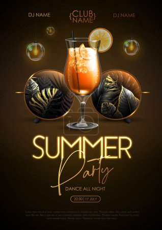 Illustration for Summer disco party poster with round shaped sunglasses, fluorescent tropic leaves and cocktail. Vector illustration. - Royalty Free Image