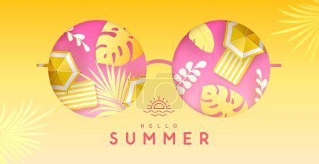 Illustration for Cut out paper round shaped sunglasses silhouette with beach umbrella and tropic leaves. Vector illustration. - Royalty Free Image
