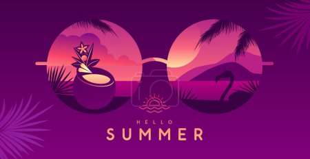 Ilustración de Fondo colorido de verano con gafas de sol redondas y paisaje tropical de playa. Ilustración vectorial - Imagen libre de derechos