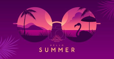 Téléchargez les illustrations : Fond d'été coloré avec des lunettes de soleil rondes et un paysage de plage tropique. Illustration vectorielle - en licence libre de droit