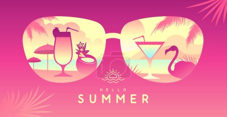 Ilustración de Fondo de verano colorido con gafas de sol silueta y paisaje de playa tropical. Ilustración vectorial - Imagen libre de derechos