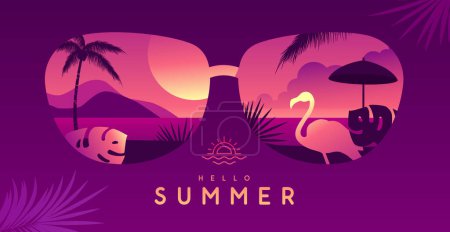 Illustration for Colorful summer background with sunglasses and tropic beach landscape. Vector illustration - Royalty Free Image