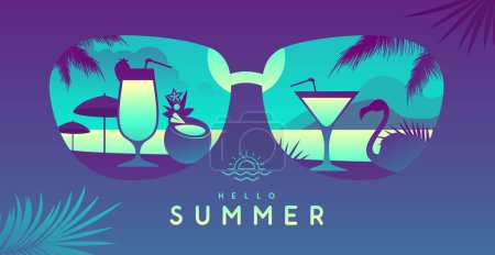 Illustration for Colorful summer background with sunglasses silhouette and tropic beach landscape. Vector illustration - Royalty Free Image