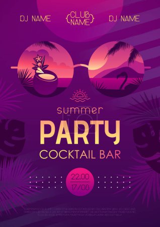 Ilustración de Colorido cartel de fiesta disco cóctel de verano con hojas tropicales y flamenco. Fondo de playa de verano. Ilustración vectorial - Imagen libre de derechos