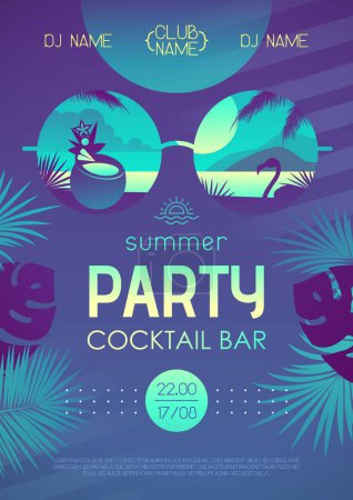 Téléchargez les illustrations : Affiche colorée de soirée cocktail disco d'été avec feuilles tropiques et flamant rose. Fond de plage d'été. Illustration vectorielle - en licence libre de droit