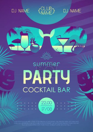 Illustration for Colorful summer cocktail disco party poster with tropic leaves and flamingo. Summertime beach background. Vector illustration - Royalty Free Image