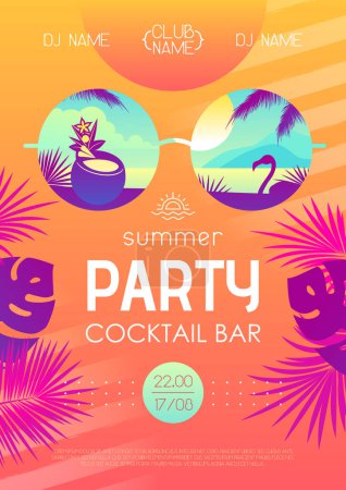 Illustration for Colorful summer cocktail disco party poster with tropic leaves and flamingo. Summertime beach background. Vector illustration - Royalty Free Image