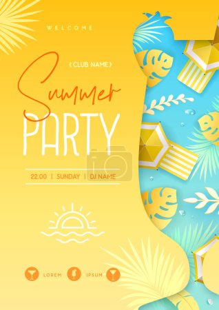 Illustration for Summer disco cocktail party  poster with tropic leaves and beach umbrella. Summertime background. Vector illustration - Royalty Free Image