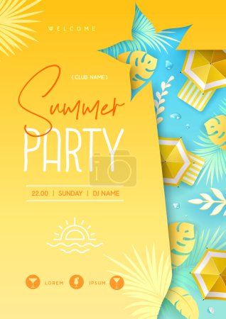 Téléchargez les illustrations : Cocktail d'été disco affiche avec feuilles tropiques et parasol. Contexte estival. Illustration vectorielle - en licence libre de droit