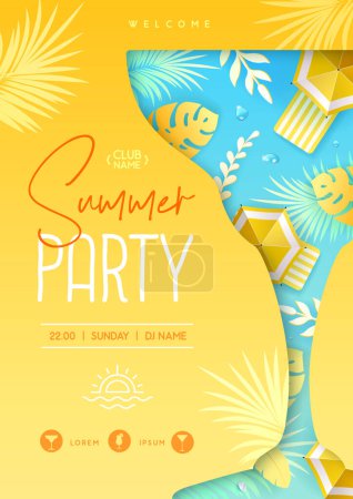 Téléchargez les illustrations : Cocktail d'été disco affiche avec feuilles tropiques et parasol. Contexte estival. Illustration vectorielle - en licence libre de droit