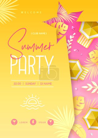 Illustration for Summer disco cocktail party  poster with tropic leaves and beach umbrella. Summertime background. Vector illustration - Royalty Free Image