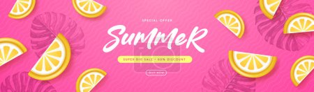 Illustration for Top view summer big sale  banner with tropic leaves and lemon. Summertime background. Vector illustration - Royalty Free Image
