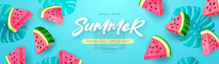Illustration for Summer sale poster with slices of watermelon and tropic leaves on blue background. Summer background. Vector illustration - Royalty Free Image