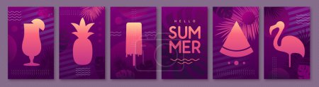Illustration for Set of fluorescent summer posters with silhouette. Vector illustration - Royalty Free Image