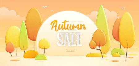 Illustration for Autumn big sale poster with 3D plastic stage and landscape with trees and clouds. Vector illustration - Royalty Free Image