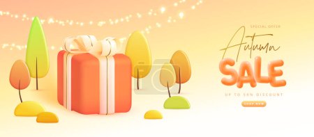 Illustration for Autumn big sale poster with 3D plastic gift box, autumn trees and string of lights. Vector illustration - Royalty Free Image