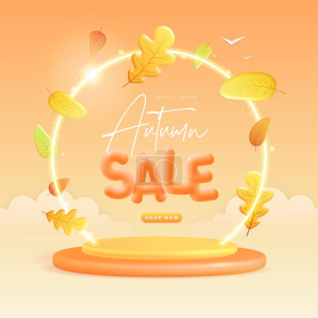 Illustration for Autumn big sale poster with 3D plastic podium, neon arch and autumn leaves fall. Vector illustration - Royalty Free Image