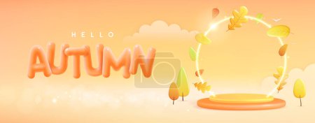 Illustration for Hello Autumn background with 3D plastic stage, neon arch and autumn falling leaves. Vector illustration - Royalty Free Image