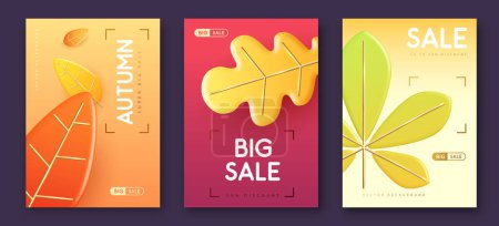 Illustration for Set of Autumn big sale posters with 3D orange falling autumn leaves. Autumn seasonal background. Vector illustration - Royalty Free Image