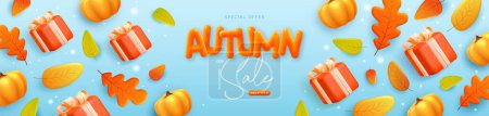 Illustration for Autumn big sale poster with 3D plastic gift box, pumpkin and falling leaves. Vector illustration - Royalty Free Image