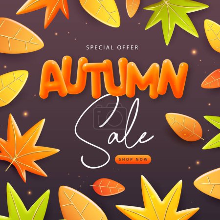 Illustration for Autumn big sale poster with 3D orange falling autumn leaves. Autumn seasonal background. Vector illustration - Royalty Free Image