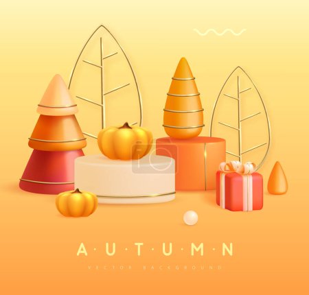 Illustration for Autumn seasonal background with 3d plastic podium, gift box, and pumpkins. Showcase design. Vector illustration - Royalty Free Image