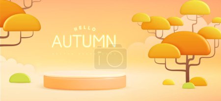 Illustration for Hello Autumn background with 3D plastic stage and landscape with trees and clouds. Vector illustration - Royalty Free Image