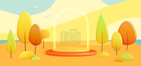 Téléchargez les illustrations : Bonjour Fond d'automne avec scène en plastique 3D et paysage avec arbres et nuages. Illustration vectorielle - en licence libre de droit
