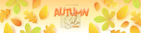 Ilustración de Cartel de gran venta de otoño con hojas de otoño de color naranja en 3D. Fondo estacional de otoño. Ilustración vectorial - Imagen libre de derechos