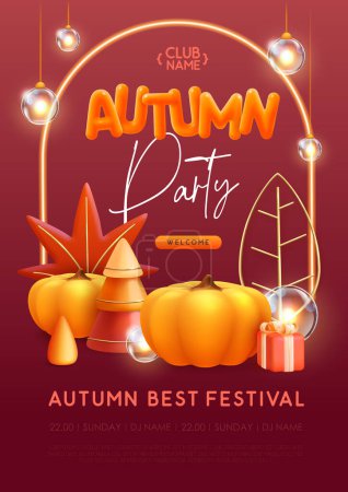 Illustration for Autumn seasonal party poster with 3D plastic gift box, pumpkin, autumn leaves and string of lights. Vector illustration - Royalty Free Image