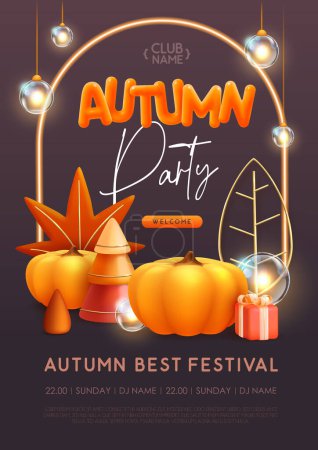 Illustration for Autumn seasonal party poster with 3D plastic gift box, pumpkin, autumn leaves and string of lights. Vector illustration - Royalty Free Image