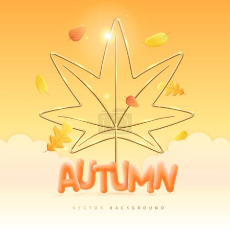 Illustration for Autumn background with 3D plastic letters and golden metallic maple Leaf.  Vector illustration - Royalty Free Image