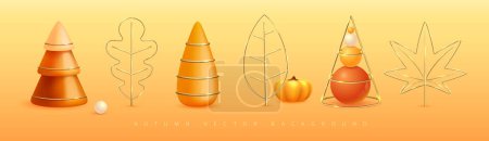 Ilustración de Conjunto de elementos plásticos y metálicos de otoño 3D: lef de roble, hoja de arce, árbol de otoño, árbol de navidad, calabaza. Ilustración vectorial - Imagen libre de derechos
