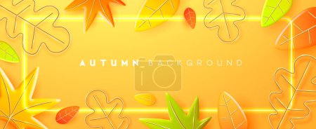 Illustration for Autumn seasonal background with 3D orange falling  leaves and neon frame. Vector illustration - Royalty Free Image