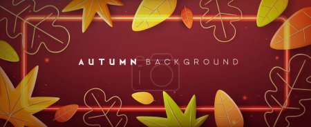 Téléchargez les illustrations : Fond saisonnier d'automne avec feuilles tombantes orange 3D et cadre néon. Illustration vectorielle - en licence libre de droit