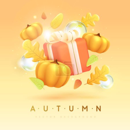 Illustration for Autumn seasonal background with 3d gift box, pumpkins and falling leaves. Vector illustration - Royalty Free Image