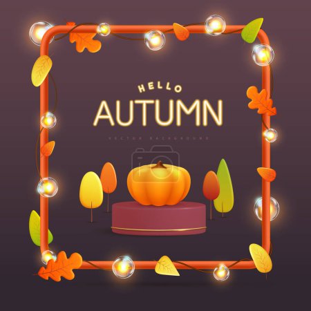 Illustration for Autumn seasonal background with 3D plastic stage, pumpkin, frame and string of lights. Vector illustration - Royalty Free Image