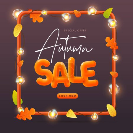 Ilustración de Cartel de gran venta de otoño con marco de plástico 3D, lámparas eléctricas y caída de hojas de otoño. Ilustración vectorial - Imagen libre de derechos