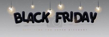 Ilustración de Cartel de gran venta de viernes negro con letras de plástico negro 3D y lámparas eléctricas. Ilustración vectorial - Imagen libre de derechos