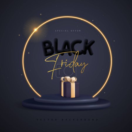Illustration for Black friday big sale poster with 3D black plastic podium, neon arch and gift box. Vector illustration - Royalty Free Image